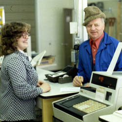 Del. Bob Benjamin Pays for Farm Supplies at <br />Swift Current Farm Service Centre, ['1980']